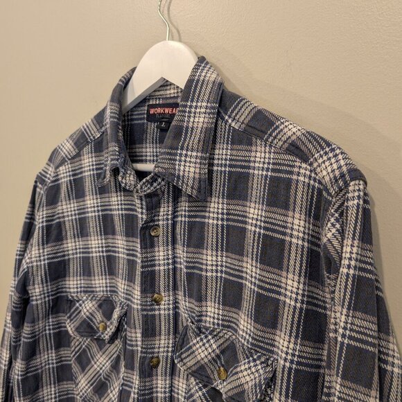 Workwear Flannel Shirt Blue White Plaid Heavy Duty Warm Fall Winter - Size L - Picture 3 of 8